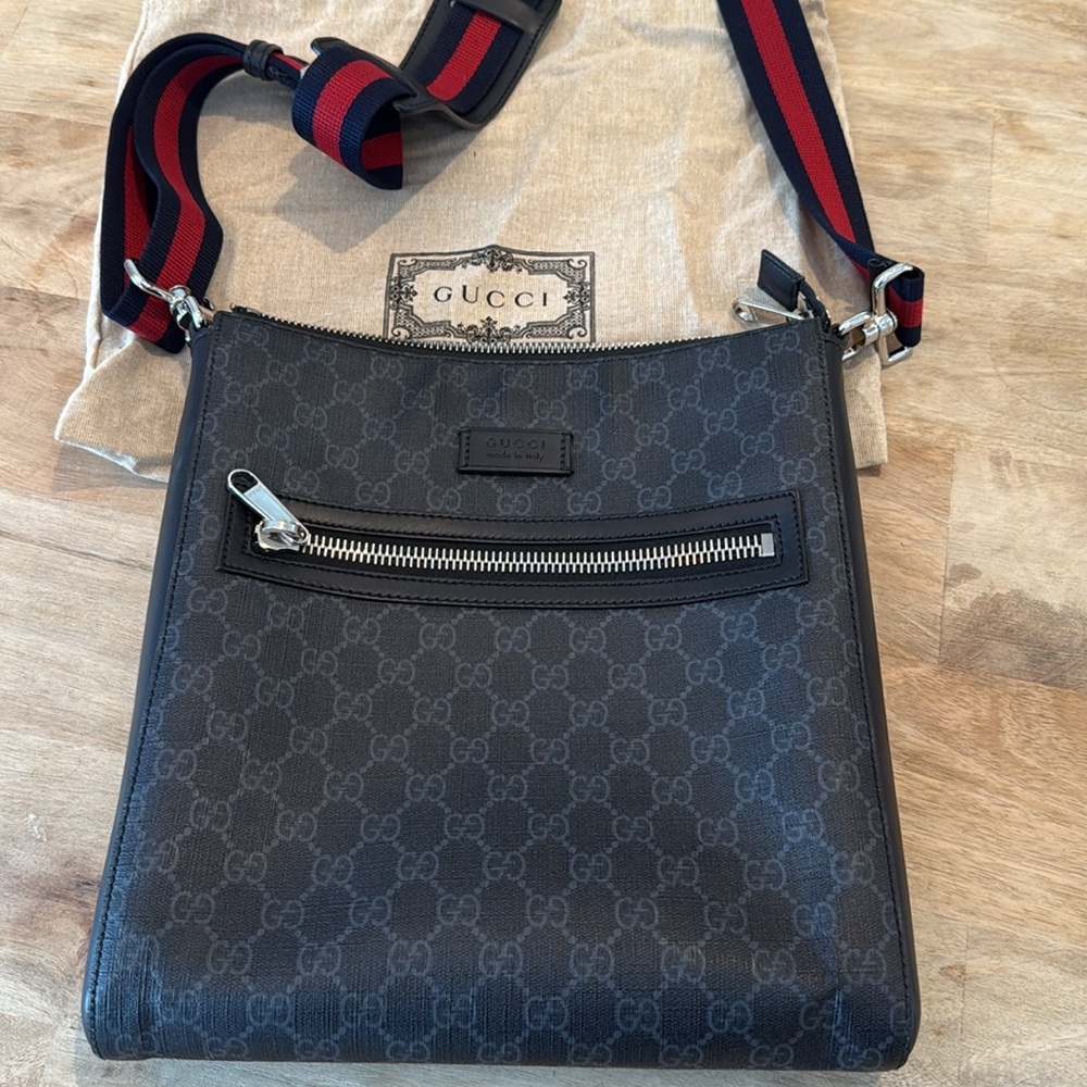 GUCCI Web Strap Front Zip Messenger Bag GG Coated Canvas Medium